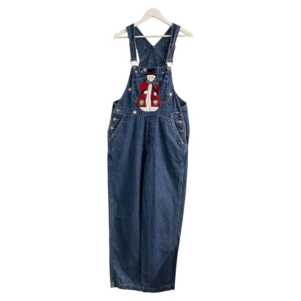 Vintage snowman embroidered denim bib overalls Jean blue kidcore winter Y2K S